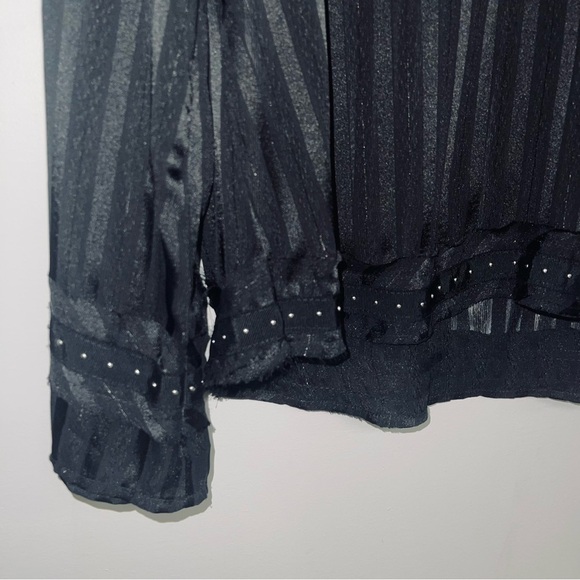 Zara Blouse Women’s Size Medium Black Striped Sheer‎ Satin Silver Studded Ruffle - Picture 6 of 11